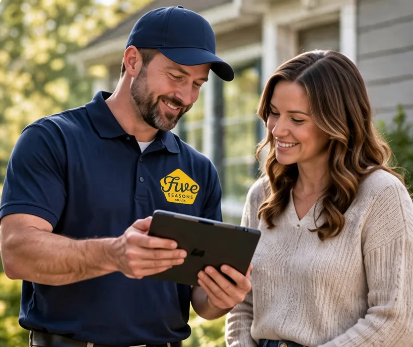 Five Seasons representative reviewing a siding project with a homeowner