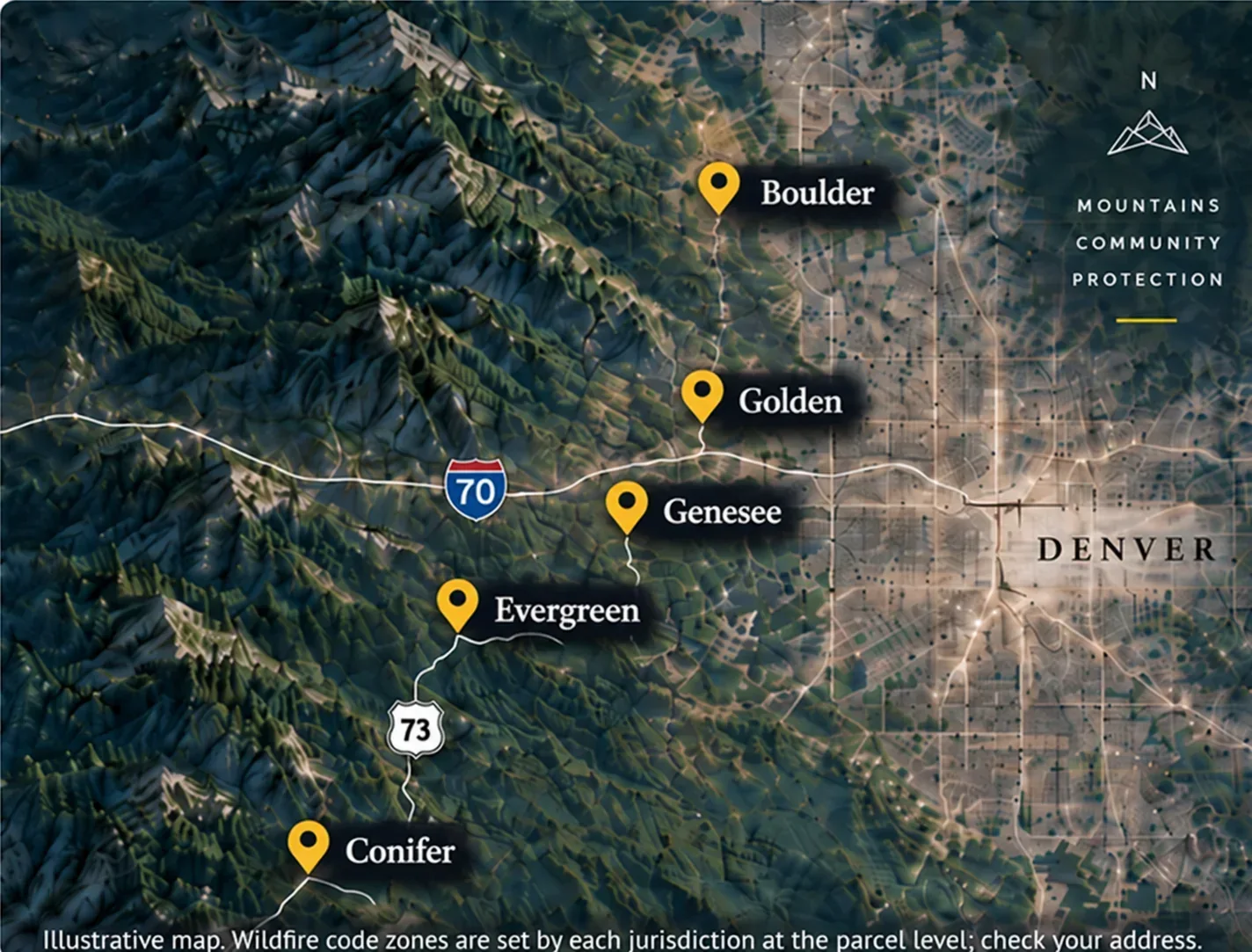 Illustrative map of Colorado foothills communities including Boulder, Golden, Genesee, Evergreen, and Conifer